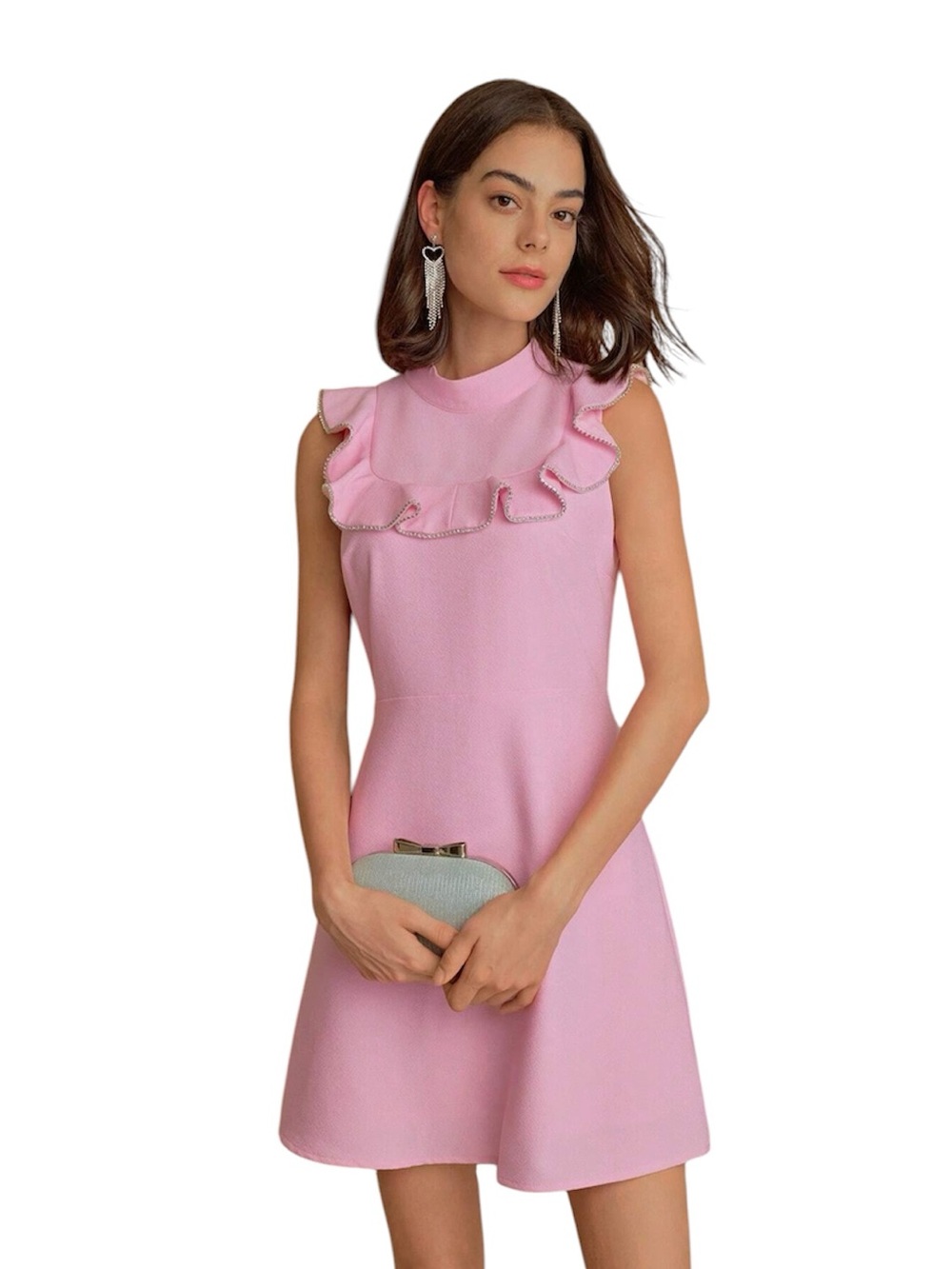 MOTF Studio Mock Neck Rhinestone Ruffle Trim Mini Dress Pink Size S Elegant